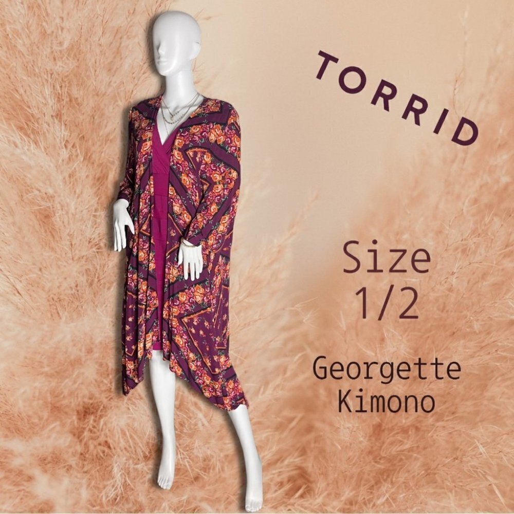Torrid Roses Georgette Kimono Duster Size 12 - 18 Purple Orange Burgundy